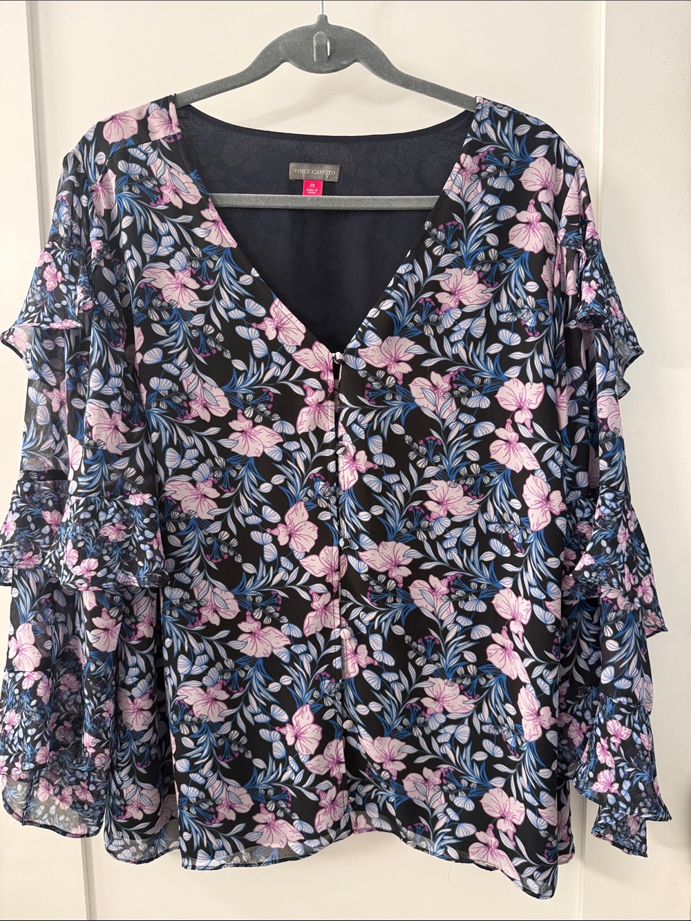 Vince Camuto Black Floral V-Neck Blouse with Pink & Blue Flowers